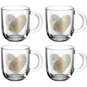 Leonardo Emozione geschenk kopjes vingerafdruk hart, 4 stuks, vaatwasserbestendige glazen kopjes, thee-mokken met gouden hartmotief, 400 ml, 046449