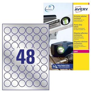 Avery L6129-20 Extra-Strong Lijm Zilver Heavy Duty Weerbestendig Ronde Labels, 48 Etiketten Per A4 Vel