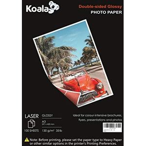 KOALA Dubbelzijdig Glanzend Laser Fotopapier A3, 130 g/m², 100 vellen, voor alle Laser printers en kopieerapparaten