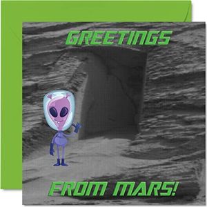 Gelukkige verjaardagskaart - groeten van Mars - Welkom, Happy Birthday Funny Alien - Generieke wenskaart voor hem of haar, 145mm x 145mm wenskaart voor zoon neef kleinzoon kind kinderen