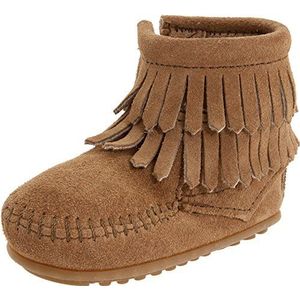 Minnetonka Meisjes dubbele franje Zijrits Bootie Kruipen Baby Schoenen, Beige Taupe, 9-12 Maanden