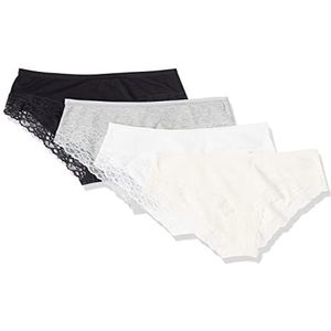 Amazon Essentials Hipsterbroekje voor dames, katoen en kant, verpakking van 4, zwart/roze/lichtgrijs gemêleerd, 14 stuks