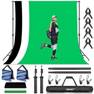 EMART Foto Video Studio Achtergrond Stand Kit, 7 × 10ft (2,0 x 3,0 m) Verstelbaar Fotografie Ondersteuningssysteem met Polyester Achtergrond (Zwart/Wit/Groen Scherm), Veerklemmen en Draagtas voor