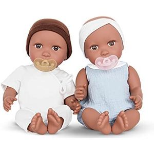 Babi 2 babypoppen tweelingen meisjes jongens met kleding en fopspeen – zachte 36 cm poppen met donkere huidskleur en bruine ogen – speelgoedset vanaf 3 jaar