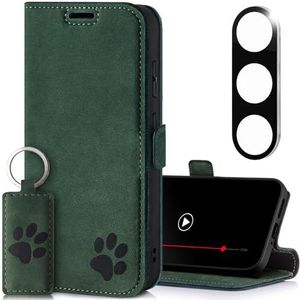 SURAZO Premium Telefoonhoesje voor Samsung Galaxy S25, met camerabescherming, echt leer, flip case, beschermhoes met kaartsleuven, RFID-bescherming, standaard, pootmotief, klaphoes, nubuckgroen