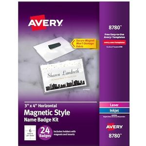 Avery Veilige magnetische naambordjes, duurzame kunststof houder, robuuste magneten, 3 x 4, 24 badges (8780)