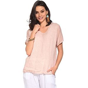 Tuniek Top voor dames, 100% linnen, Made in Italy, 2-componenten top met V-hals en plooien op de rug en korte mouwen, satijn, maat: XL, Satijn, XL