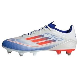 adidas F50 League voetbalschoenen voor dames en heren, zachte grondschoenen, Wolk Wit Zonne Rood Lucide Blauw, 26.5 EU