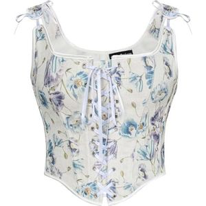 Scarlet Darkness Korsettops voor vrouwen, renaissance, vetersluiting, bloemen, overbuste uitgebeend bustierlijfje, Blauwe Bloem, 10