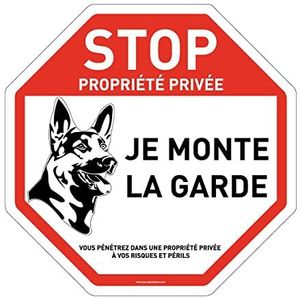 AUA SIGNALETIQUE - Achthoekig bord Stop Privégrondstuk Attentie Je Monte la Garde - Ø 270 mm, aluminium Dibond 3 mm