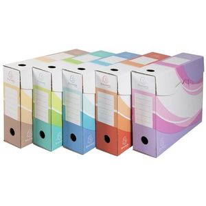 Exacompta - Ref. 79530E - 8 sets van 5 kraft archiefdozen - rugbreedte 80 mm - Afmetingen 25 x 35 cm - A4 - Verschillende kleuren, beige, blauw, roze, rood en groen - Plat verpakt