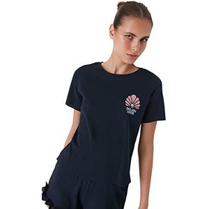 Trendyol Vrouwen Effen Ruche gedetailleerde Midden Gebreide T-shirt-Korte Pyjama Set, Donkerblauw, S