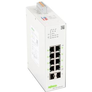 WAGO Industriële switch 852-1813 | met 8 ETHERNET-poorten 10/100/1000 Mbps autonegotiatie en diagnostische LED's aan de voorzijde | 2 x SFP-sleuven voor glasvezel | ondersteunt Power over Ethernet