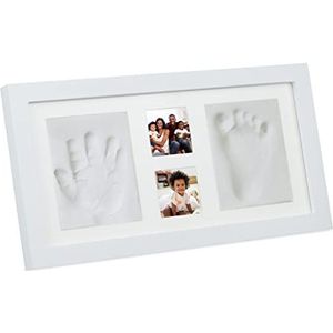 Relaxdays fotolijst met gipsafdruk baby, hand- en voetafdruk & 2 foto's, kraamcadeau, HxB: 18 x 35 cm, klei afdruk, wit