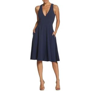 Dress the Population Dames Catalina Solid Mouwloze Fit & Flare Midi Jurk, Middernacht Blauw, XS