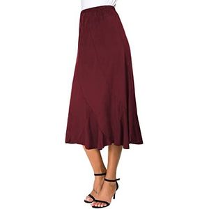 Elegante elastische taille suède lange midi rok casual A-lijn uitlopende swingrok, bordeauxrood, M