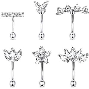 Finrezio 6 Stks 16G Rook Daith Oorbellen voor Vrouwen Rvs Navel Bars Lip Ring Kraakbeen Tragus CZ Body Piercing Gebogen Barbell Wenkbrauwringen 6-8mm, Koper, Geen edelsteen