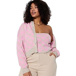 Trendyol Geruit/geruit 2-pack lange mouwen regular gebreide jas in plussize, grijs-roze, 5XL