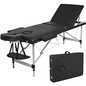 Meerveil Massagetafel, 3-delige draagbare opvouwbare therapiebed, licht, spa tattoo bank, 3/2 zones met in hoogte verstelbaar, met draagtas, aluminium poten (zwart)