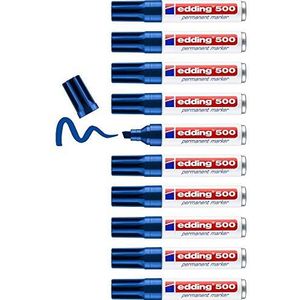 edding 500 permanent marker - blauw - 10 stiften - beitelpunt 2-7 mm - watervast, sneldrogend - wrijfvast - voor karton, kunststof, hout, metaal, glas