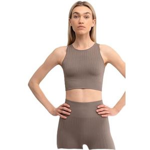 Drop of Mindfulness Alex sportbeha Geribbelde naadloze stoffige bronzen comfortabele sportbeha voor dames in exclusieve geribbelde naadloze sporttop voor dames, naadloze beige trainingsbeha, XS-L