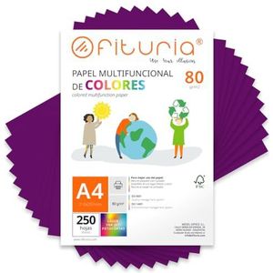 Kleurpapier, verpakking met 250 vellen A4, 80 g, kleurrijk papier voor knutselwerk, printer, scrapbooking, ideaal voor Origami, Papyroflexia, kantoor en school (paars, 250 h)