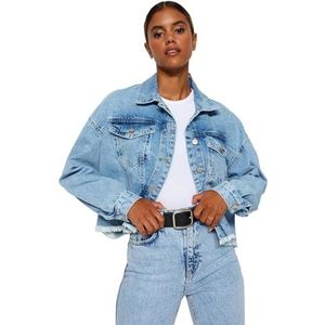TRENDYOL Dames lichtblauwe rok TIP kwasten jeansjack Light Skirt Tip Tassels Crop Denim Jacket, Clear Blue, lichtblauw, S