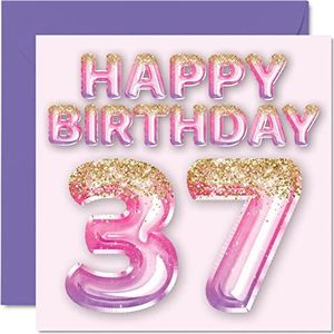 37e verjaardagskaart voor vrouwen - roze en paarse glitterballonnen - gelukkige verjaardagskaarten voor 37-jarige vrouw vriend zus mama tante, 145 mm x 145 mm zevenendertig zevenendertigste verjaardag