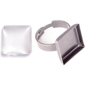 INNSPIRO Medaillon-ring van metaal, verstelbaar, vierkant, antiek zilver, met cabochon-glas, 16 x 16 mm, 16x16mm, Metaal