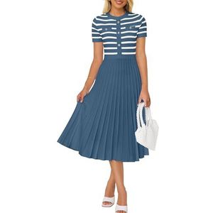 ZESICA Women's 2025 Casual Striped Midi Dress Crewneck Short Sleeve Button Ribbed Knit Swing Pleated A Line Dresses,Dusty Blue,Medium