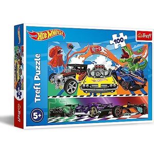 Trefl - Hot Wheels, Snel rijdende Auto's - Puzzel met 100 Stukjes - Kleurrijke Puzzel met Iconische Auto's, Creatieve Ontspanning, Plezier voor Kinderen vanaf 5 jaar