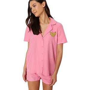 Trendyol Dames effen geweven shirt-korte pyjama set, roze, 34, roze