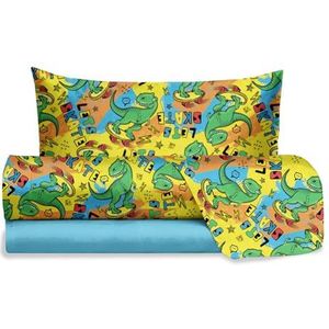 Hermet Jolly Beddengoedset voor eenpersoonsbed, dinosaurus, 100% katoen, laken + hoeslaken + kussensloop, beddengoedset voor kinderkamer