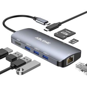 USB C Hub, ABLEWE 8-in-1 USB C naar HDMI Multiport-adapter met 1000M Ethernet, 100W Power Delivery, SD/TF-kaartlezer, 3 USB 3.0-poorten Dockingstation compatibel voor MacBook Pro/Air/iPad Pro/XPS