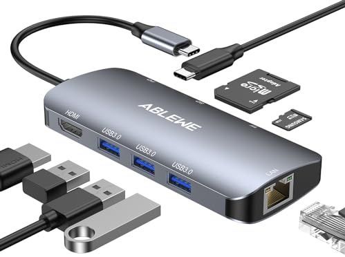 USB C Hub, ABLEWE 8-in-1 USB C naar HDMI Multiport-adapter met 1000M Ethernet, 100W Power Delivery, SD/TF-kaartlezer, 3 USB 3.0-poorten Dockingstation compatibel voor MacBook Pro/Air/iPad Pro/XPS