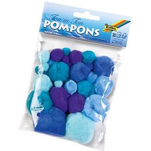 folia 50393 - Pompons klei in klei, 30 stuks gesorteerd in verschillende maten, blauw - ideaal voor kleurrijk knutselwerk