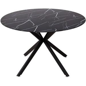 DRW Eettafel van metaal en glas, marmereffect, zwart, 120 x 120 x 75 cm