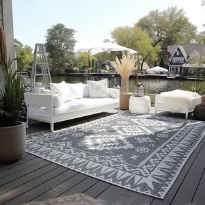 Elle Decoration Vloerkleed, binnen en buiten, omkeerbaar, weerbestendig en waterdicht, modern geometrisch patroon, ruitpatroon, outdoortapijt voor tuin, balkon, terras, woonkamer, zilver, 80 x 150 cm