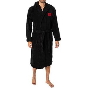 HUGO Terry Gown ochtendjas met capuchon van katoen-terry met capuchon en rood logo-label voor heren, zwart 1, XL