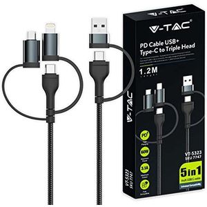 V-TAC 5-in-1 USB Type-C naar UBA-A, Lightning-kabel, micro-USB, 1 meter, meervoudige adapterkabel voor snel opladen en gegevensoverdracht, compatibel met iPhone en Samsung