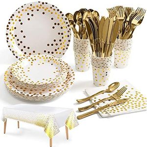 Nkaiso Wit Goud Partyserviesset, 141 stuks papieren serviesset inclusief papieren borden, servetten, papieren bekers, bestek voor bruiloften, babyshowers, verlovingen, trouwerijen, verjaardagen (20 gasten)