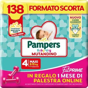 Pampers Baby Dry slipje & Fit Prime Maxi, maat 138 luiers, maat 4 (8-15 kg), 1 maand gratis online fitnessstudio