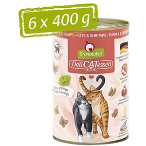 GranataPet DeliCatessen kalkoen & garnalen, natte voer voor je kat, voedsel voor katten zonder granen en zonder toegevoegde suikers, lekker en gezond voer voor gourmets, 6 x 400 g blikken