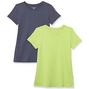 Amazon Essentials Dames Tech Stretch T-shirt met korte mouwen en ronde hals (verkrijgbaar in grote maten), 2-Pack, Leisteengrijs/Limoengroen, XS
