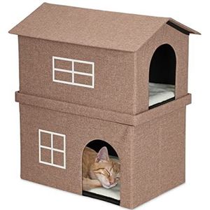 Relaxdays kattenhuis, HxBxD: 71,5 x 62 x 44 cm, opvouwbaar kattenmeubel met 2 etages, poezenmand met kussens, bruin