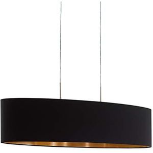 EGLO Hanglamp Pasteri, 2-vlammige stoffen hanglamp, hanglamp ovaal van staal en stof, kleur: nikkel mat, zwart, koper, fitting: E27, L: 100 cm
