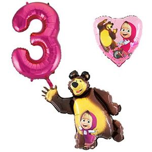 Masha en de beer folieballonnen - cijferballon 3 roze - Happy Birthday ballonnen - geschikt voor helium en lucht