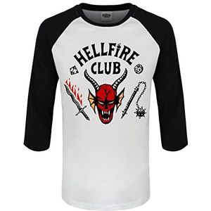 Heroes Inc. Stranger Things T-shirt voor heren, van katoen, 3/4-mouwen, baseball, Hellfire Club logo-print, Wit en zwart, XL