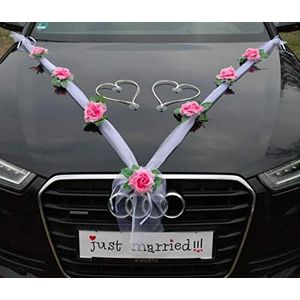ORGANZA M + Harten, bruidspaar, rozen, decoratie, autoversiering, bruiloft, auto, bruiloftsdecoratie, ratan slinger, ®Auto-schmuck PKW (roze/wit/wit)