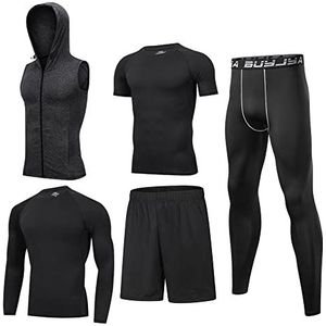 BUYJYA Set van 5 compressiebroeken, shirt, top, met lange mouwen, sportvest, gymkleding voor heren, workout, S